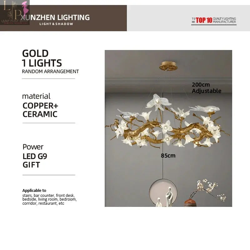 LED All Copper Light Luxury Restaurant Chandelier Creative Tea Room Swallow Chandelier Artistic Branch Shaped Living Room Light Lamp Post