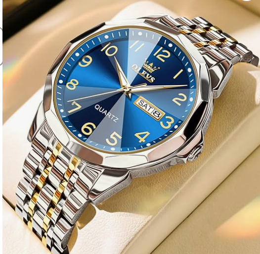 Men’s Two-Tone Stainless Steel Luxury Date Watch – Diamond Accent Analog Quartz with Luminous Hands, Waterproof