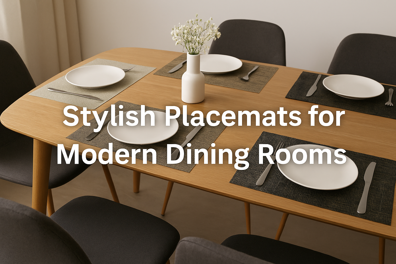 Modern dining table set with stylish woven placemats, white plates, cutlery, and a minimalist flower vase—perfect for elegant modern dining rooms.
