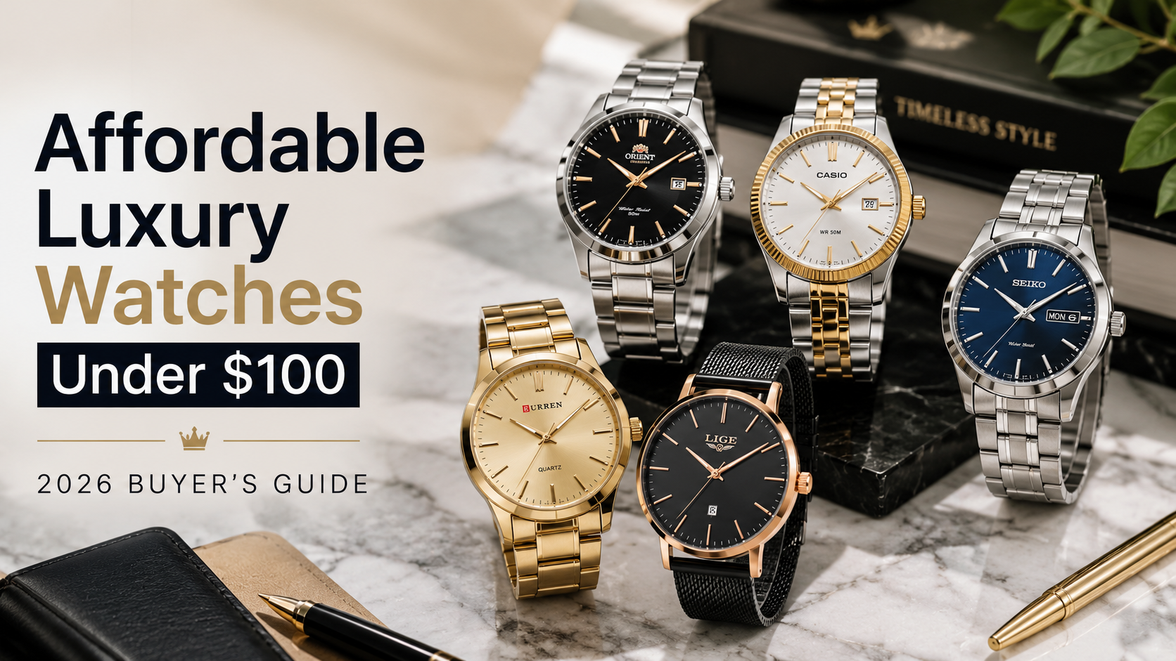 Collection of affordable luxury-style wristwatches under $100 displayed on a modern marble surface, featuring elegant stainless steel designs, minimalist dials, and premium-looking finishes for budget-conscious watch buyers in 2026.