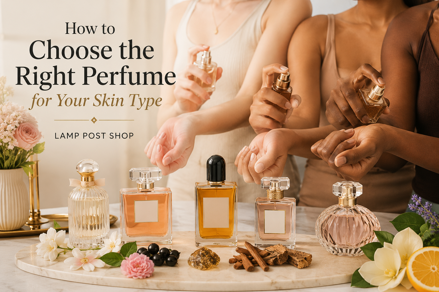 Woman testing luxury perfume on her wrist with various fragrance bottles, demonstrating how to choose the right perfume based on skin type and body chemistry.