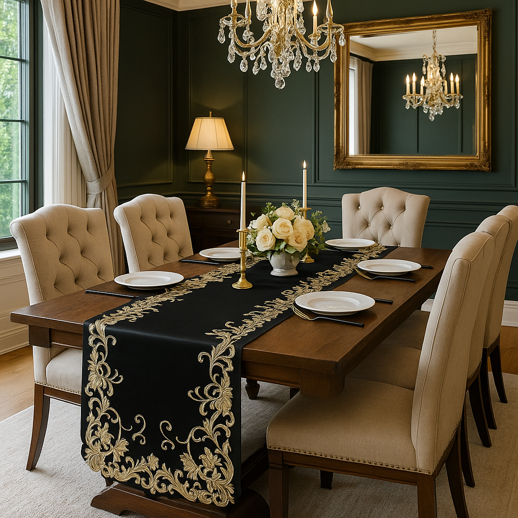 Elegant dining room with a dark wood table featuring a black and gold embroidered table runner, cream upholstered chairs, gold candleholders, white rose centerpiece, and a crystal chandelier reflecting in a large framed mirror.