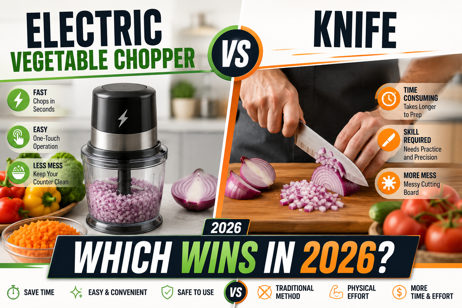 Electric vegetable chopper versus a kitchen knife, comparing speed, convenience, effort, and mess for vegetable preparation in 2026.