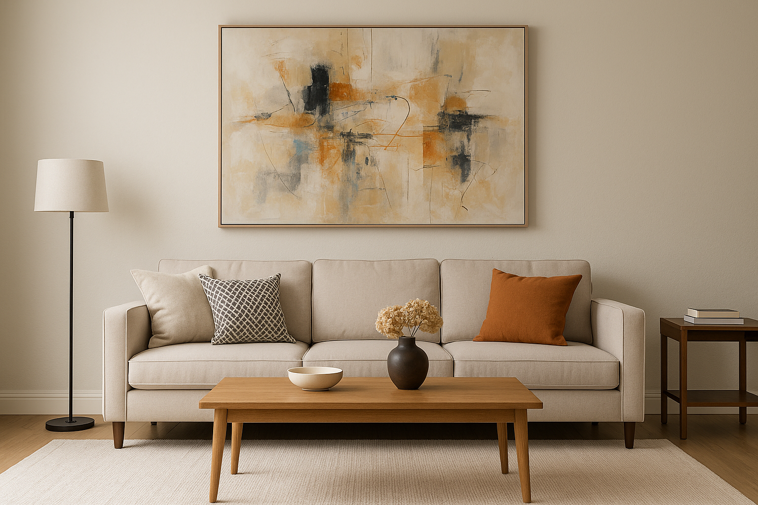 Neutral beige sofa with earthy accent pillows and large abstract wall art above, featuring bold orange and deep blue tones – perfect wall decor above a sofa set.
