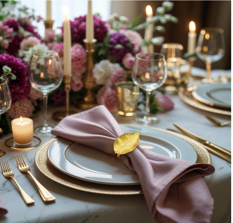 Elegant dining table setting with a pink cloth napkin held by a gold leaf napkin ring, surrounded by candles, wine glasses, gold flatware, and a floral centerpiece in a romantic and luxurious atmosphere.