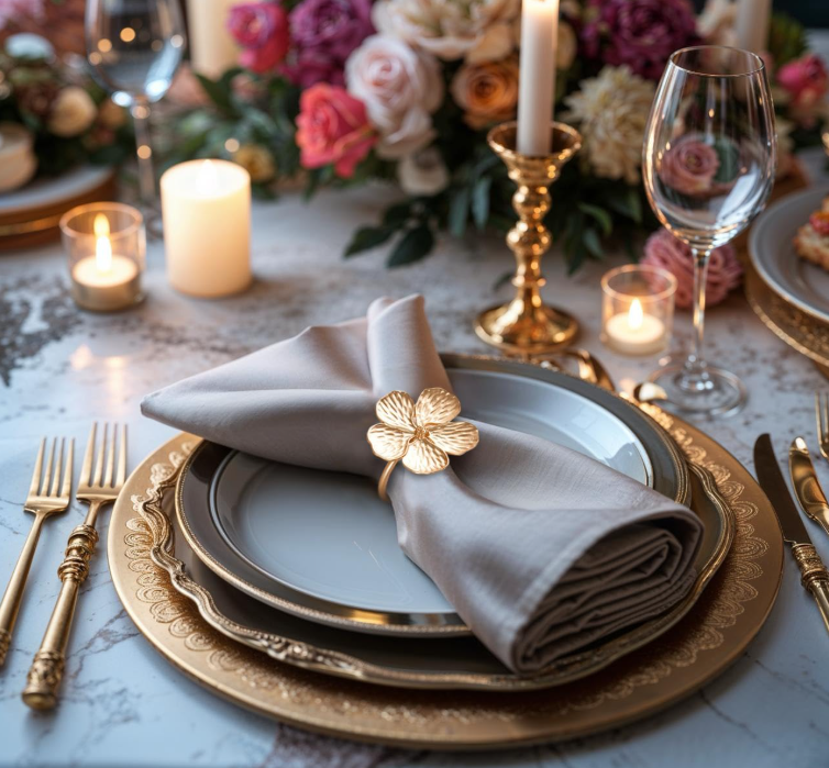A photograph showcases an elegantly set dining table with a white napkin wrapped in a floral napkin ring, surrounded by fine china, gold cutlery, glassware, and soft candlelight