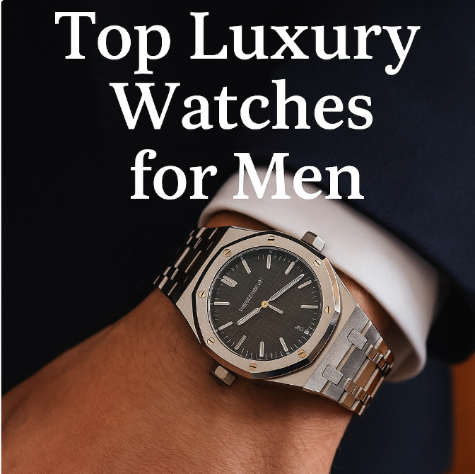 A close-up image of a luxury wristwatch with a stainless steel case and black dial, worn by a man in a dark navy suit, with the text 'Top Luxury Watches for Men' prominently displayed.