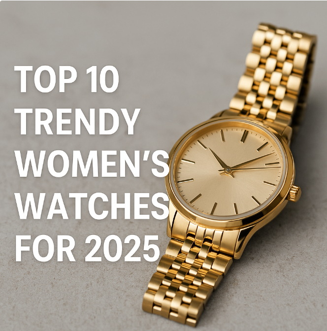 A polished gold wristwatch with a champagne dial, set against a subtle gray textured background, featuring bold white text on the left reading 'TOP 10 TRENDY WOMEN'S WATCHES FOR 2025'.