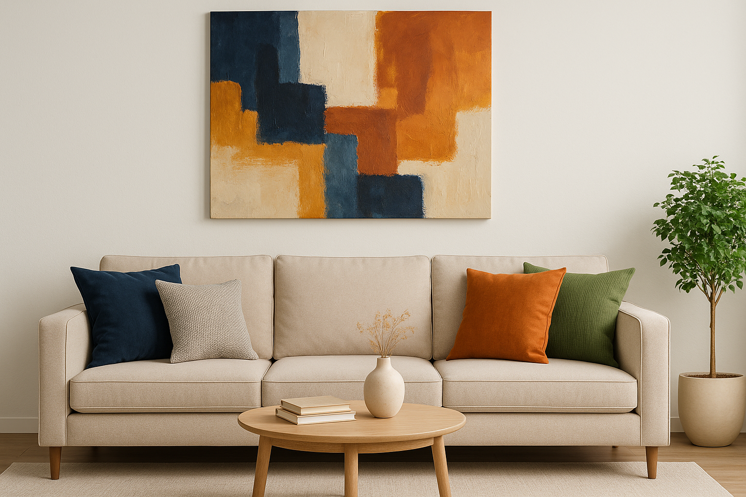 Modern living room with a beige sofa and colorful accent pillows, featuring bold abstract wall art above in orange, navy, and cream tones, with a potted plant and wooden coffee table completing the cozy decor.