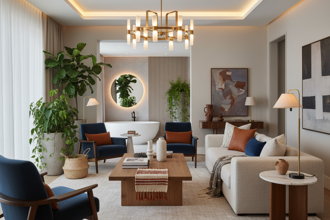 Home Décor Trends 2026 What's In and What's Out — modern warm-toned living room with textured walls and organic furniture