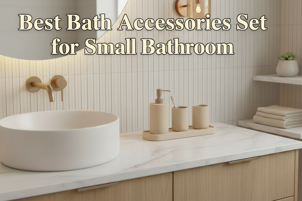 Best Bath Accessories Set for Small Bathroom — coordinated ceramic bath accessories on a white countertop in a small modern bathroom