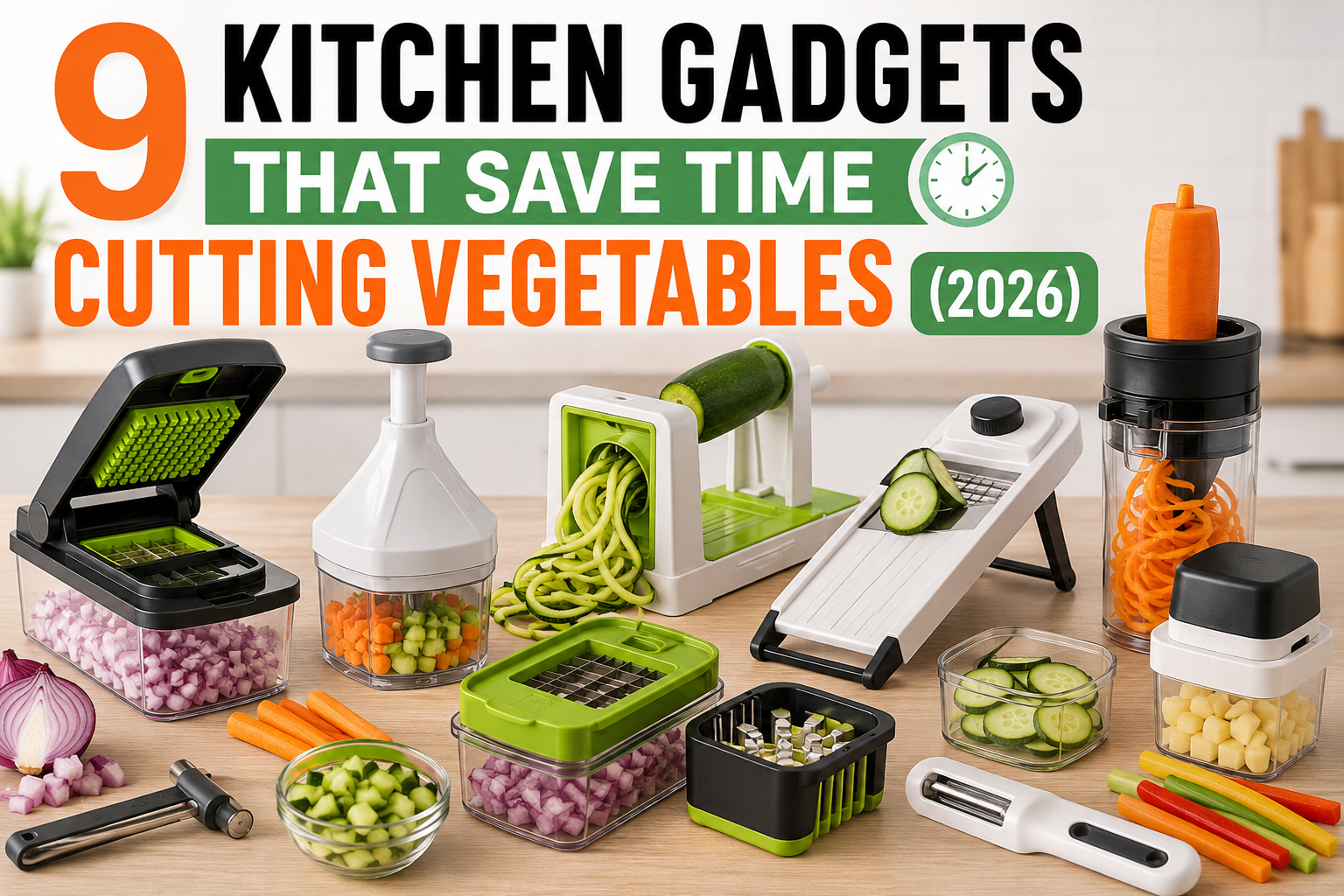 9 kitchen gadgets that save time cutting vegetables, including vegetable choppers, spiralizers, slicers, and peelers on a kitchen countertop.
