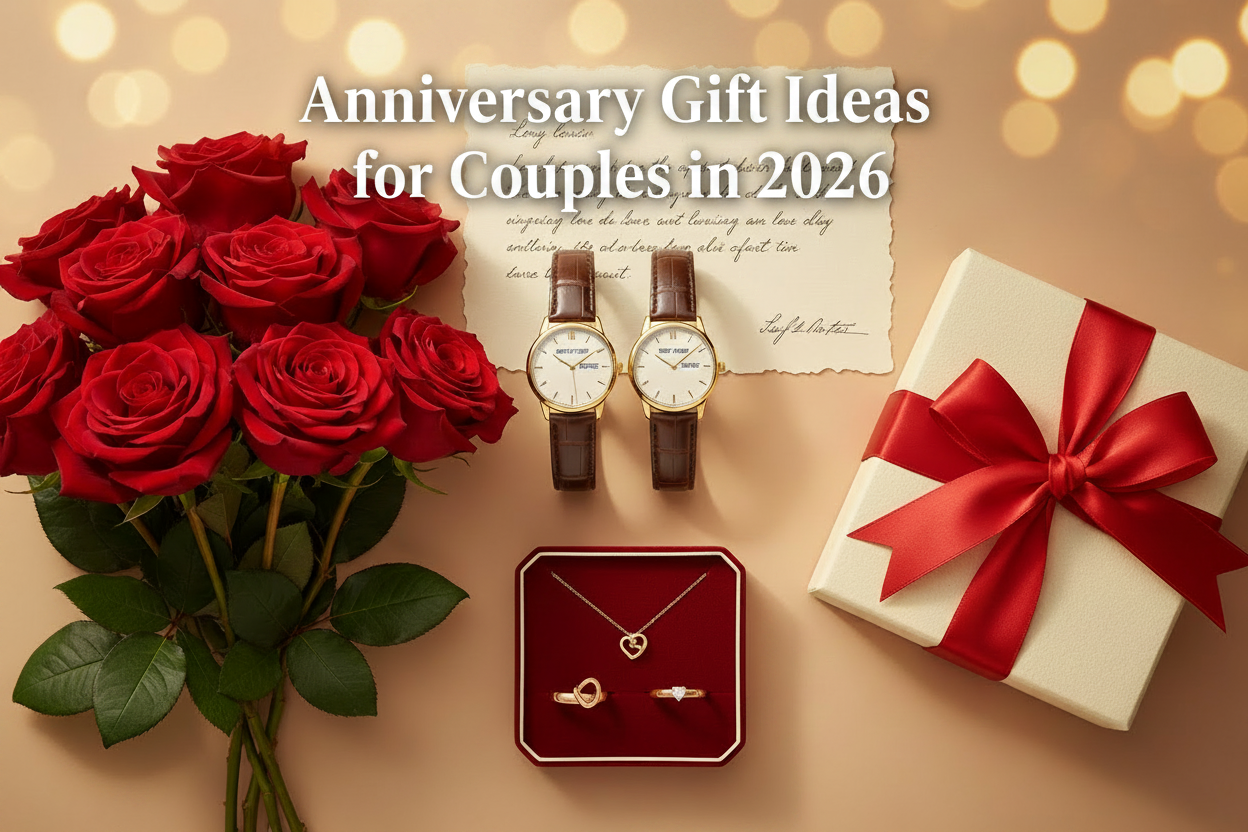 Anniversary Gift Ideas for Couples — matching couple watch set and jewelry box with roses on a gift table