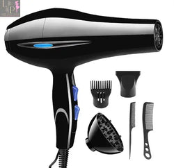 a black hair dryer with its accessories