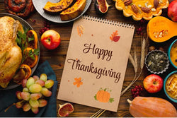 happy thanksgiving logo with lot of food surrounding of it