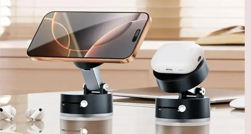 Sleek modern phone and earbud holder stands displayed on a minimalist desk setup, featuring a smartphone and wireless earbud case mounted on adjustable black and silver bases.