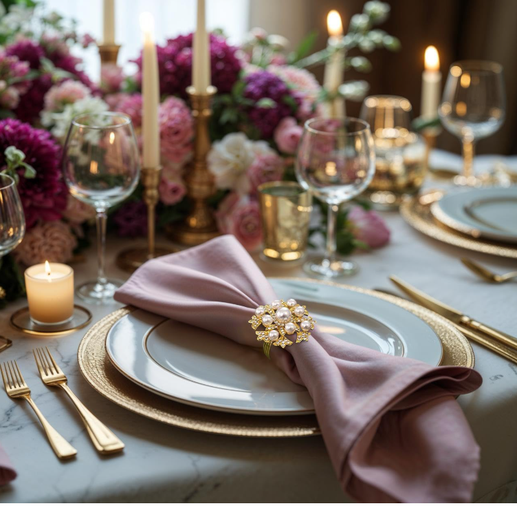 **Alternate Text:** Elegant holiday table setting featuring a pink cloth napkin wrapped with a pearl and gold floral napkin ring, surrounded by candles, gold cutlery, and floral décor.