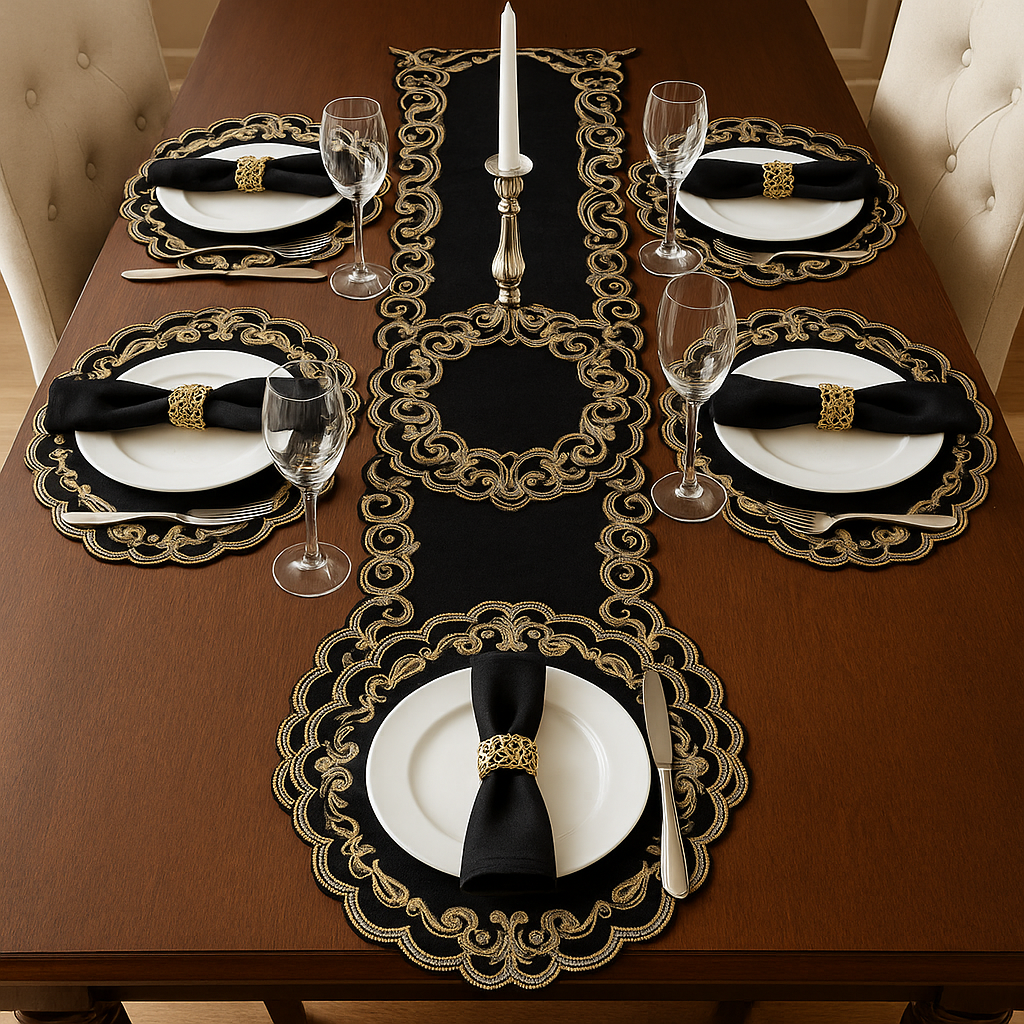 Elegant dining table setup featuring a black and gold embroidered table runner with matching round placemats, fine white dinnerware, and gold napkin rings.