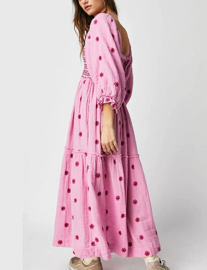 Women Floral Embroidered Maxi Dress Long Puff Sleeve Square Neck Bohemian Flowy Dress with Pockets Smocked Fall Dress Large Pink