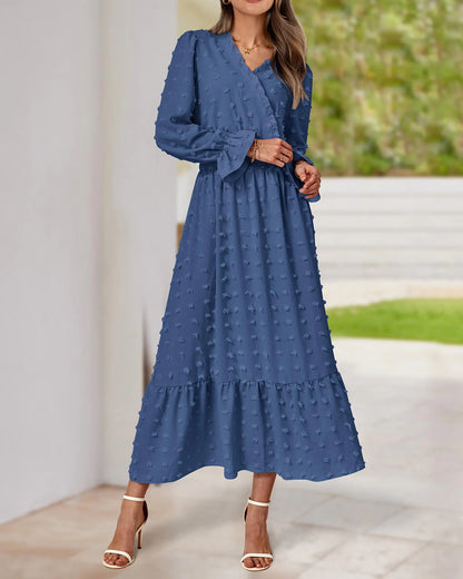 BTFBM Women Fall Dresses 2024 Long Sleeve V Neck Swiss Dots Maxi Dress Boho Long Dress High Waisted A-Line Ruffle Dress Small Solid Blue