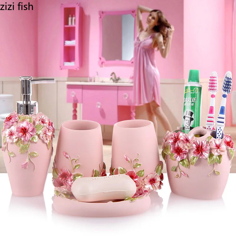Pink Floral Texture Bathroom Set Soap Dispenser Toothbrush Holder Cup Soap Dish Tray Nordic Household Bath Storage Supplies