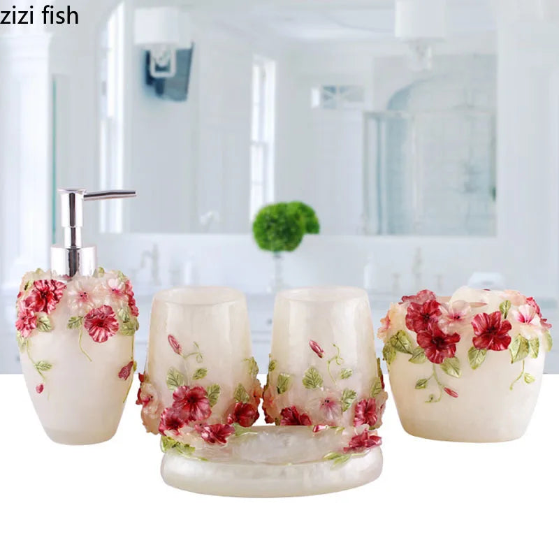 Pink Floral Texture Bathroom Set Soap Dispenser Toothbrush Holder Cup Soap Dish Tray Nordic Household Bath Storage Supplies