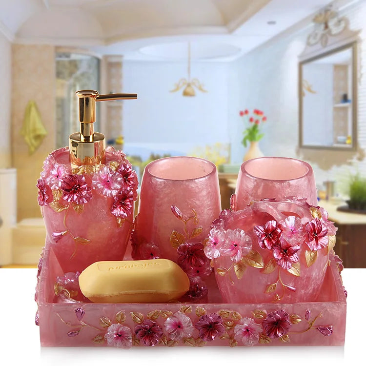 Pink Floral Texture Bathroom Set Soap Dispenser Toothbrush Holder Cup Soap Dish Tray Nordic Household Bath Storage Supplies