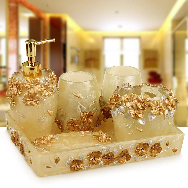 Pink Floral Texture Bathroom Set Soap Dispenser Toothbrush Holder Cup Soap Dish Tray Nordic Household Bath Storage Supplies