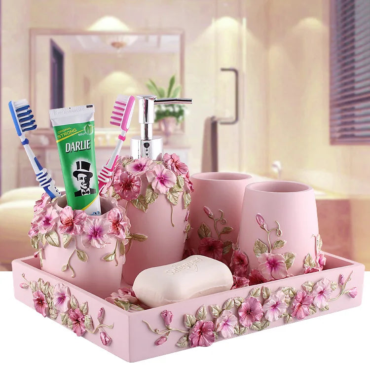 Pink Floral Texture Bathroom Set Soap Dispenser Toothbrush Holder Cup Soap Dish Tray Nordic Household Bath Storage Supplies