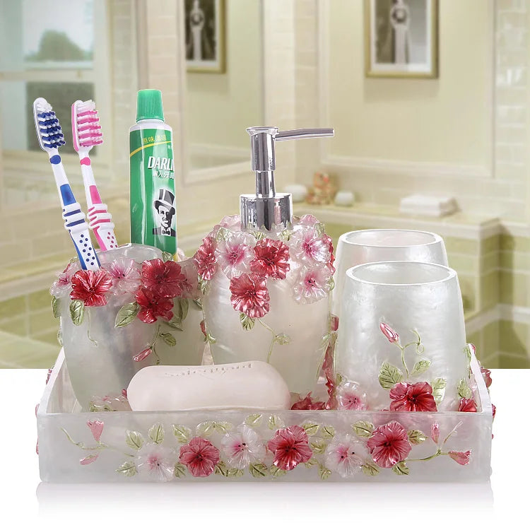 Pink Floral Texture Bathroom Set Soap Dispenser Toothbrush Holder Cup Soap Dish Tray Nordic Household Bath Storage Supplies