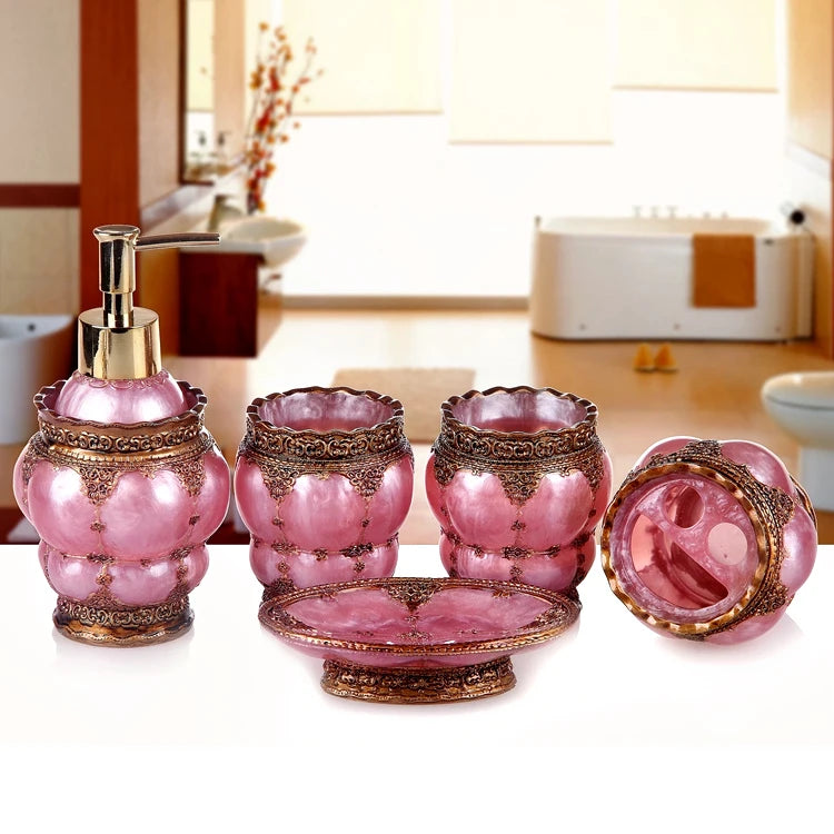 Pink Floral Texture Bathroom Set Soap Dispenser Toothbrush Holder Cup Soap Dish Tray Nordic Household Bath Storage Supplies