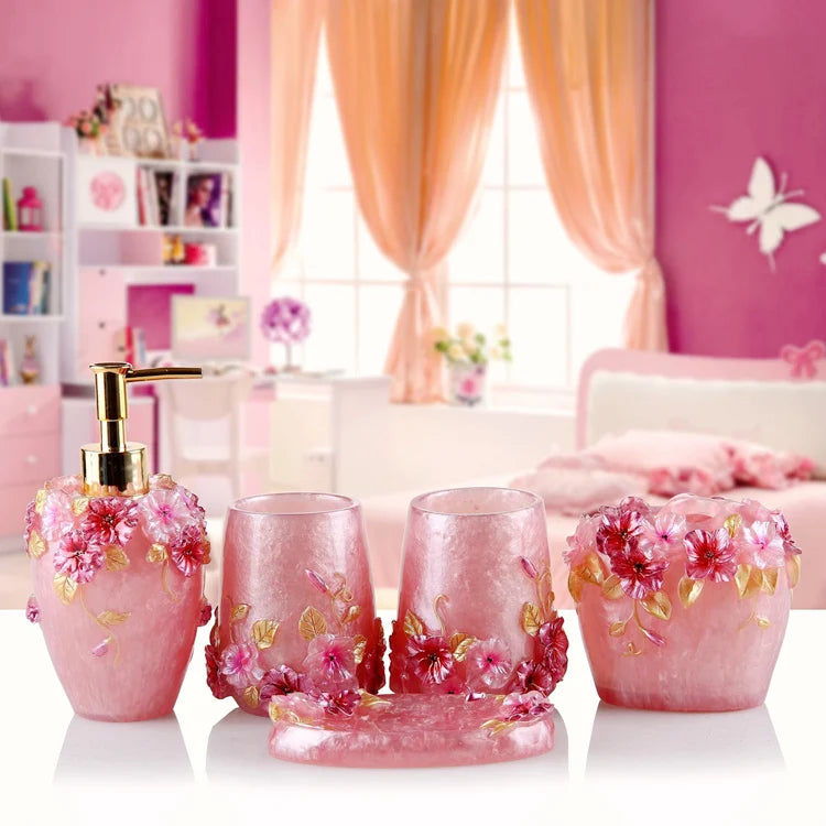 Pink Floral Texture Bathroom Set Soap Dispenser Toothbrush Holder Cup Soap Dish Tray Nordic Household Bath Storage Supplies