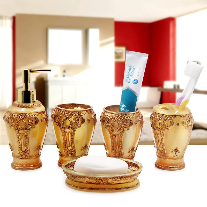 Pink Floral Texture Bathroom Set Soap Dispenser Toothbrush Holder Cup Soap Dish Tray Nordic Household Bath Storage Supplies