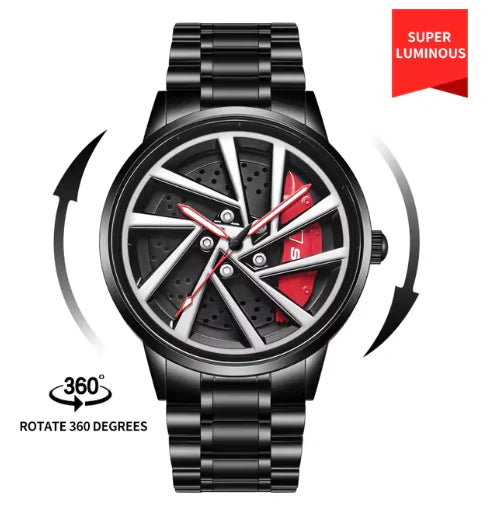 360° Rotating Quartz Sports Watch - Waterproof Car Rim Design for Men