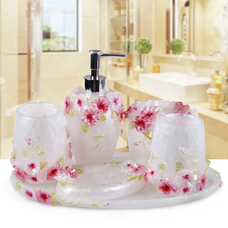 Pink Floral Texture Bathroom Set Soap Dispenser Toothbrush Holder Cup Soap Dish Tray Nordic Household Bath Storage Supplies