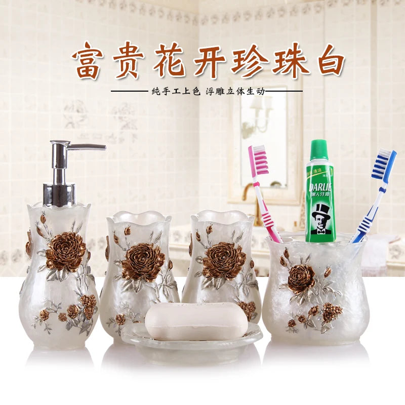 Pink Floral Texture Bathroom Set Soap Dispenser Toothbrush Holder Cup Soap Dish Tray Nordic Household Bath Storage Supplies