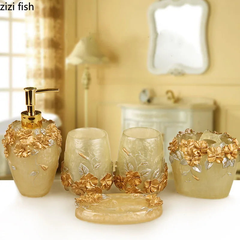 Pink Floral Texture Bathroom Set Soap Dispenser Toothbrush Holder Cup Soap Dish Tray Nordic Household Bath Storage Supplies