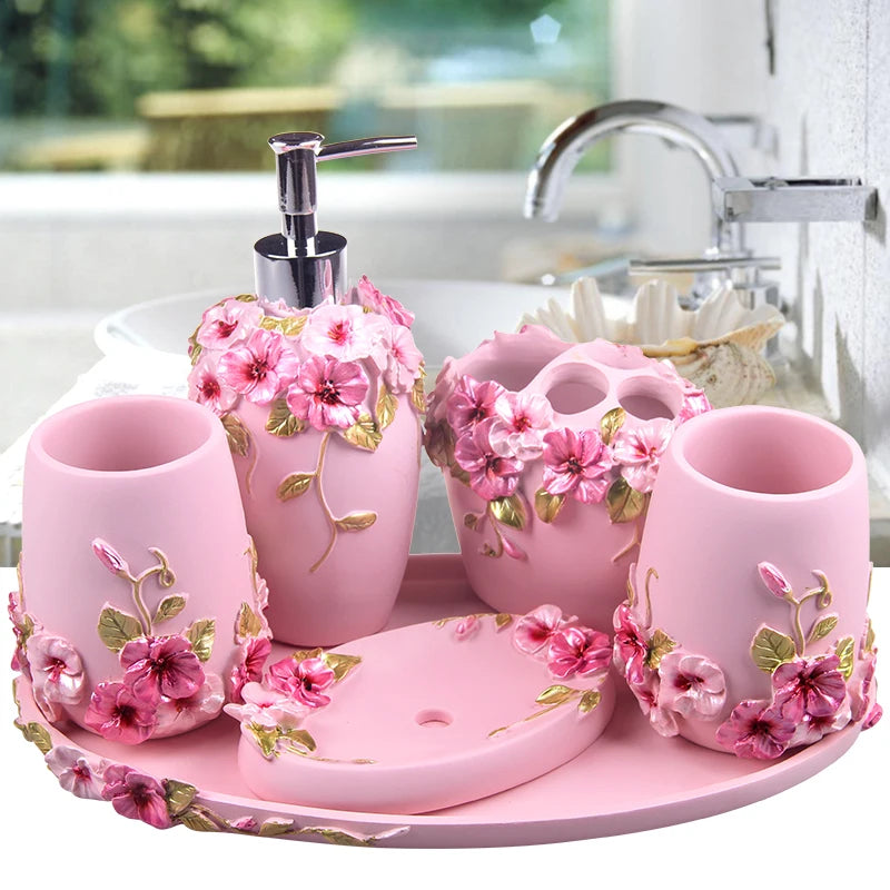 Pink Floral Texture Bathroom Set Soap Dispenser Toothbrush Holder Cup Soap Dish Tray Nordic Household Bath Storage Supplies