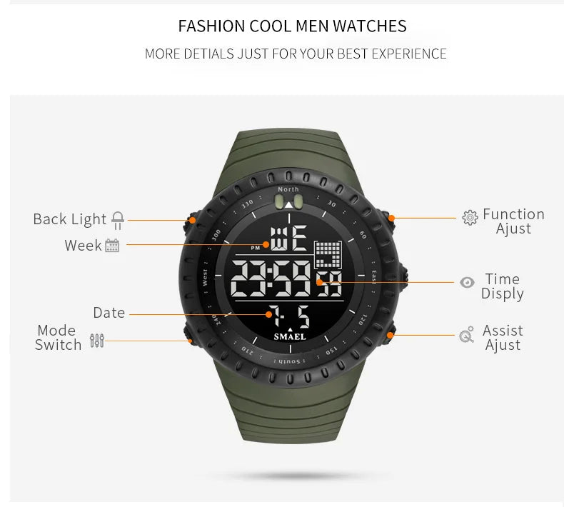 Men's Digital Sports Watch – 50M Waterproof Chronograph with LED Backlight & Alarm