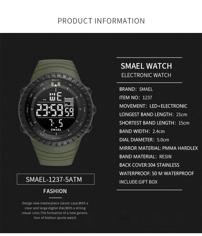 Men's Digital Sports Watch – 50M Waterproof Chronograph with LED Backlight & Alarm