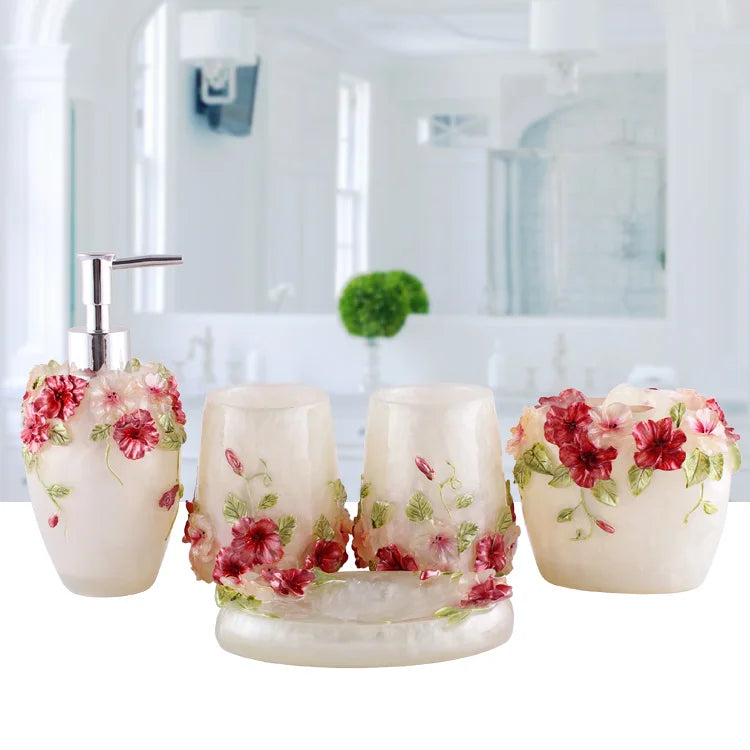 Pink Floral Texture Bathroom Set Soap Dispenser Toothbrush Holder Cup Soap Dish Tray Nordic Household Bath Storage Supplies