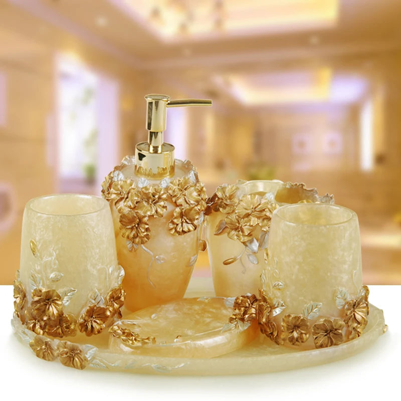 Pink Floral Texture Bathroom Set Soap Dispenser Toothbrush Holder Cup Soap Dish Tray Nordic Household Bath Storage Supplies