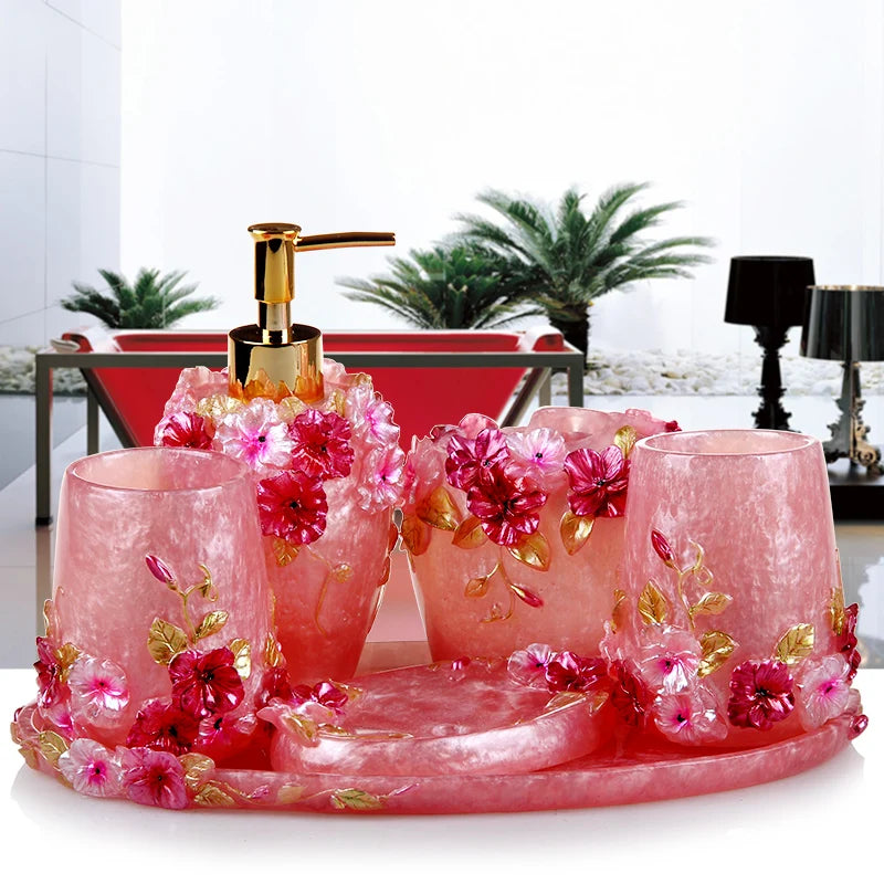 Pink Floral Texture Bathroom Set Soap Dispenser Toothbrush Holder Cup Soap Dish Tray Nordic Household Bath Storage Supplies