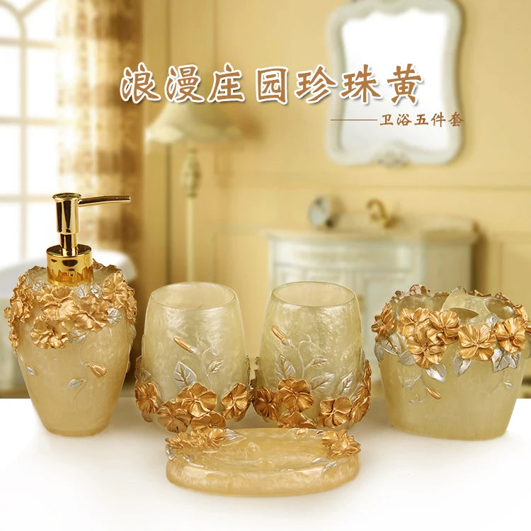 Pink Floral Texture Bathroom Set Soap Dispenser Toothbrush Holder Cup Soap Dish Tray Nordic Household Bath Storage Supplies