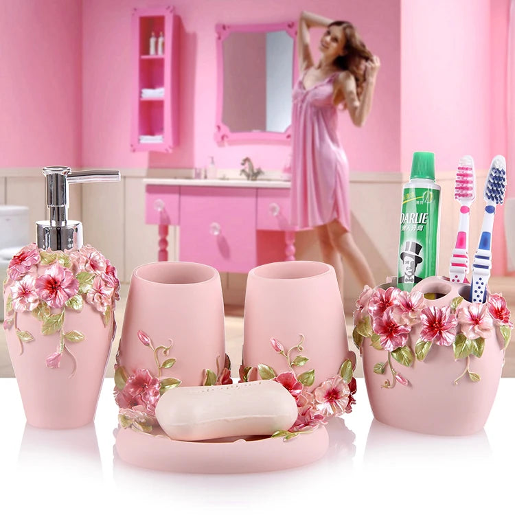 Pink Floral Texture Bathroom Set Soap Dispenser Toothbrush Holder Cup Soap Dish Tray Nordic Household Bath Storage Supplies