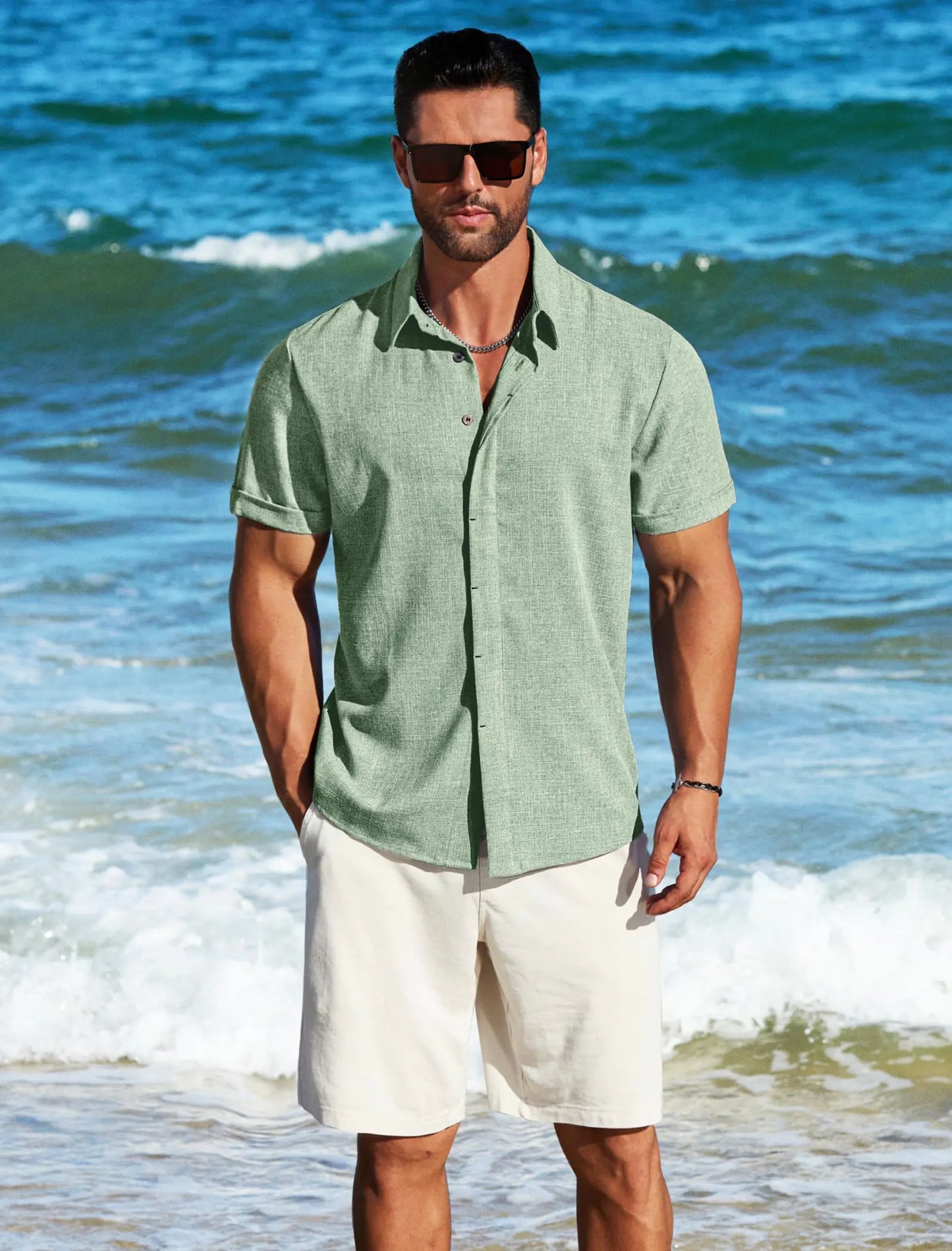 Men's Linen Shirts Short Sleeve Men Casual Shirt Business Dress Clothing Beach Fashion Summer Tops 3X-Large Green