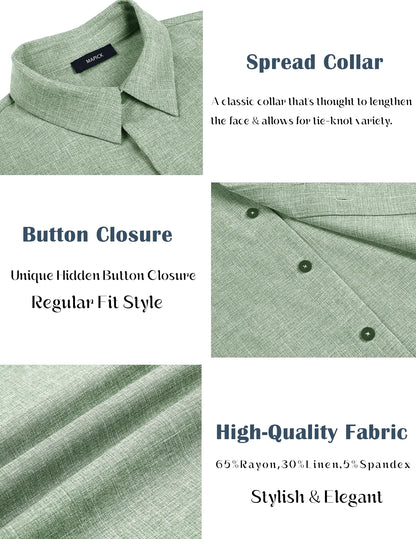 Men's Linen Shirts Short Sleeve Men Casual Shirt Business Dress Clothing Beach Fashion Summer Tops 3X-Large Green