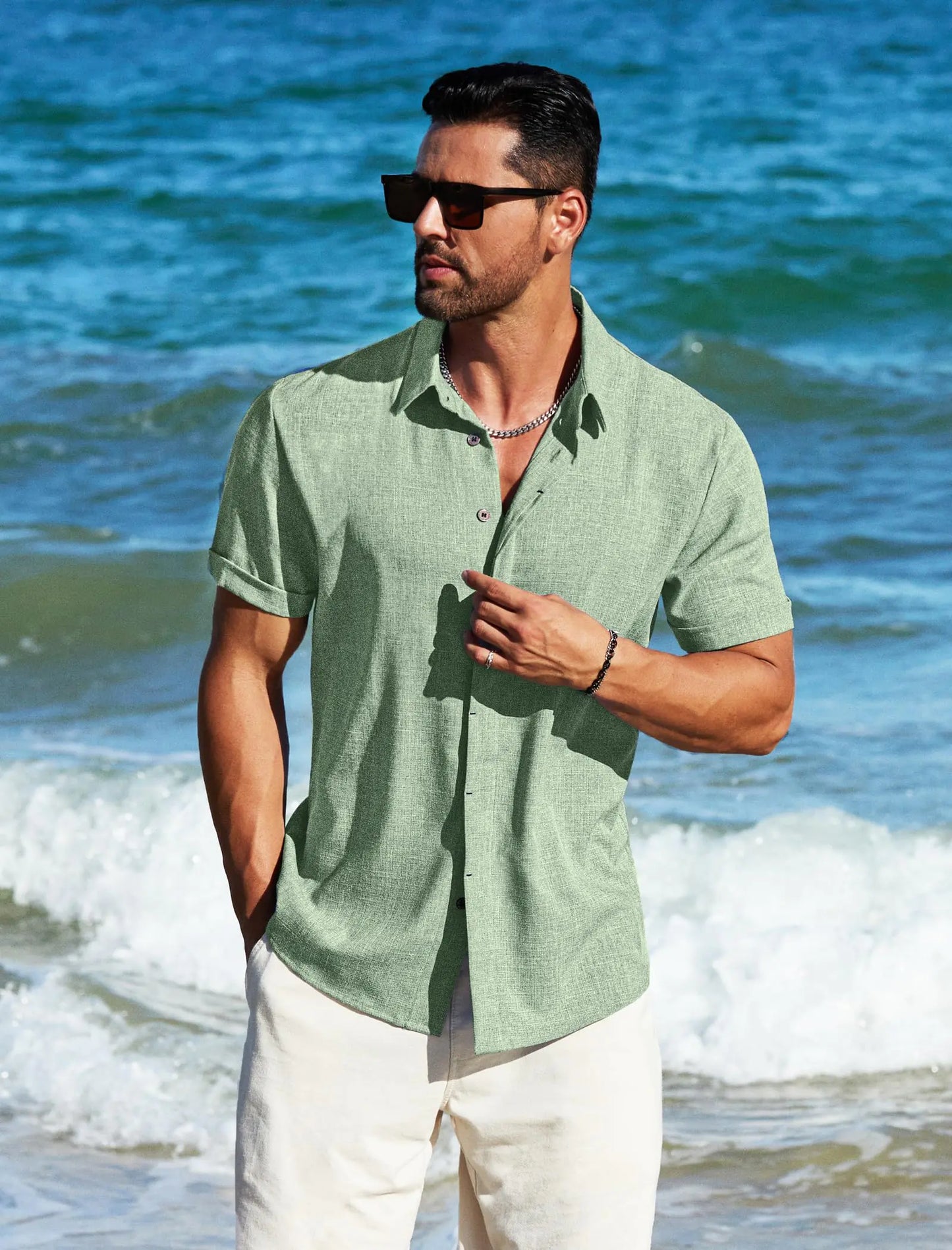 Men's Linen Shirts Short Sleeve Men Casual Shirt Business Dress Clothing Beach Fashion Summer Tops 3X-Large Green