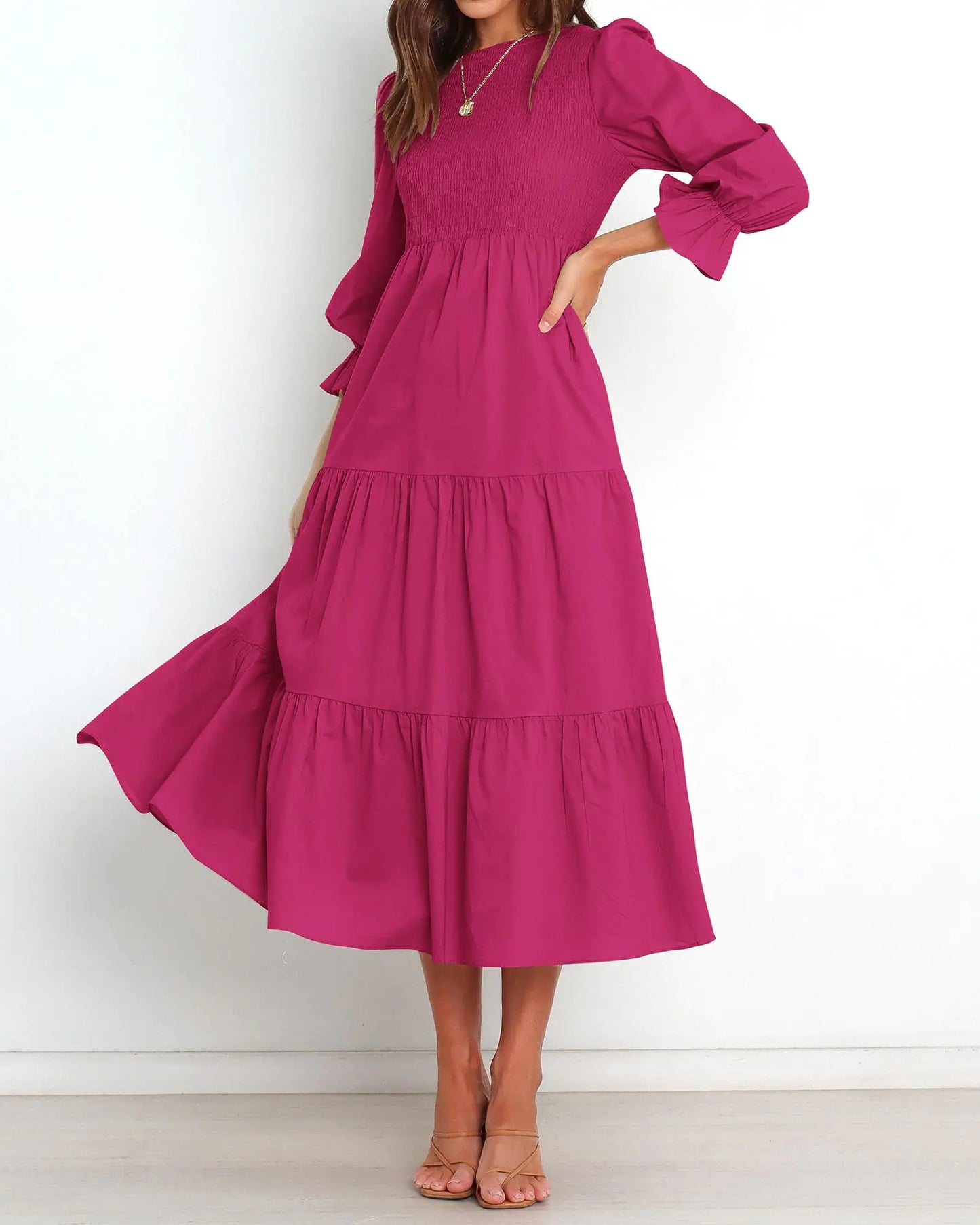 BTFBM Women Casual Long Sleeve Dress Fall Dresses 2024 Solid Color Relaxed Fit Smocked Tiered Flowy Boho Long Dresses Large Solid Rose Red