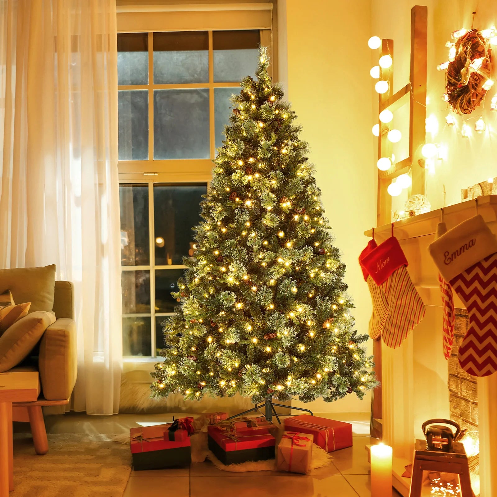 a Christmas tree is decorated at home with lighting